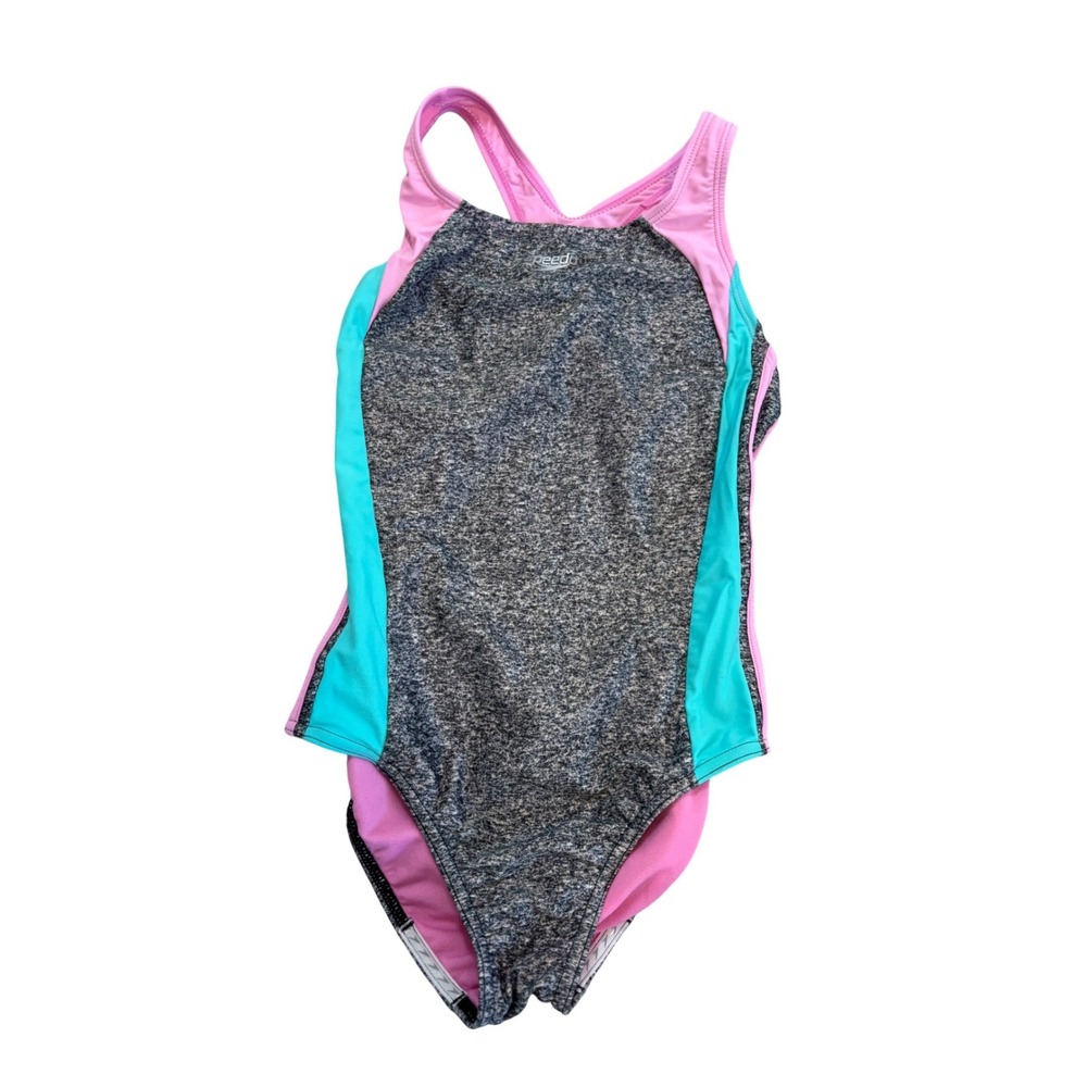 Speedo Girls One Piece Swimsuit Pink Turquoise Heather Grey Racerback Size 14